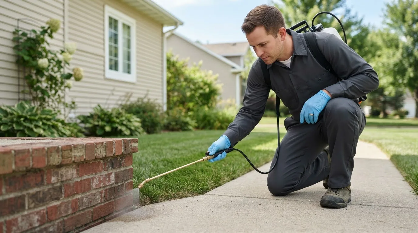 Pest control technician treating a home near Rives, TN